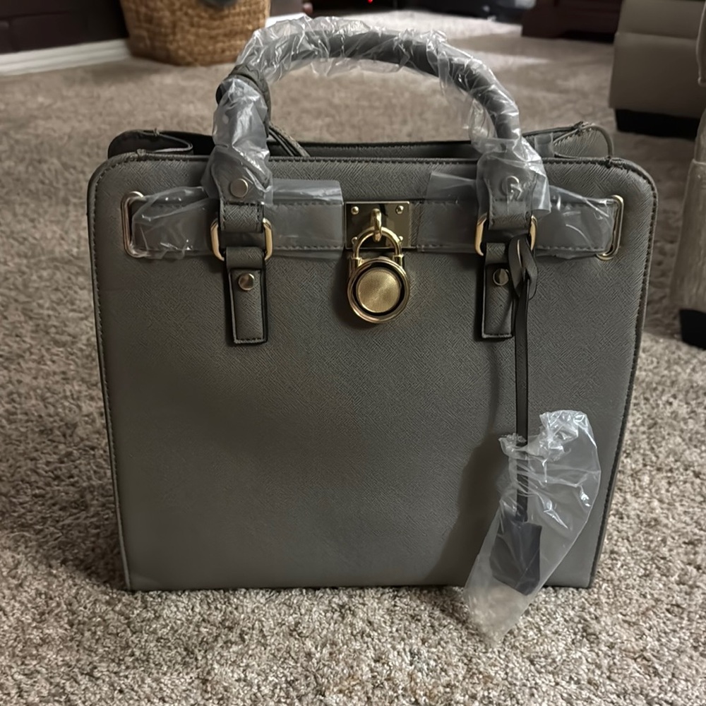 Chic Gray Handbag with Gold Details